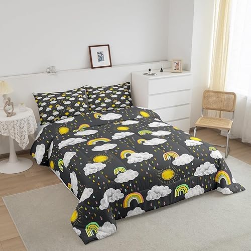 Miniatura 9 de Edredón de arcoíris para niños, tamaño individual, diseño de estrellas de dibujos animados, corazones y nubes de amor, juegos y juegos para