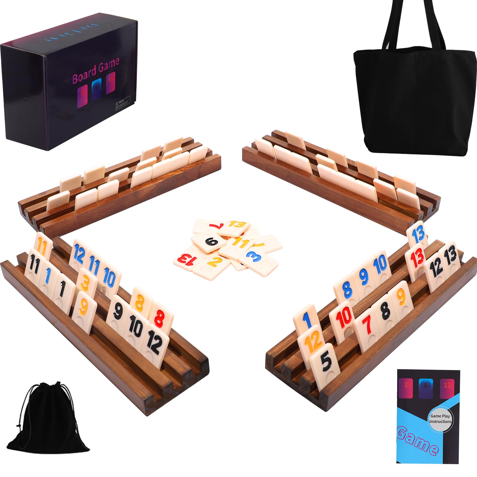 Rummy Cup Original, 4 Player Rummy Cup inklusive 106 Spielsteinen, 4 Holz-Steinehaltern, Kordelzug-Aufbewahrungsbeutel, Handtasche für alle Komponent - Klassische Brettspiele für Familie und Party.