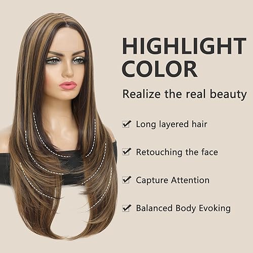 Miniatura 2 de JulyQueen Peluca sintética con reflejos, pelucas largas y rectas de 427, 26 pulgadas, pelucas en capas para mujeres negras, pelucas sintéticas de