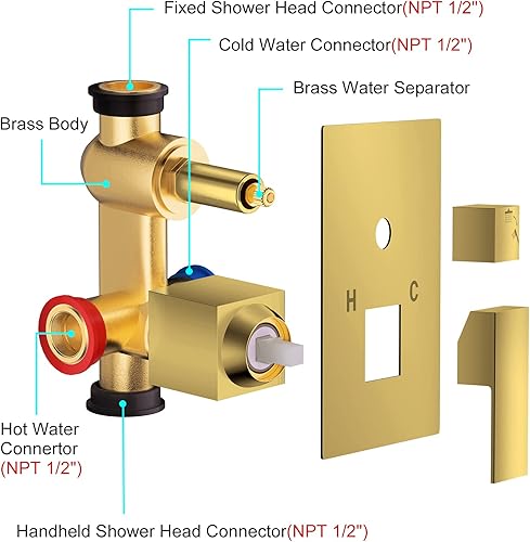 Miniatura 5 de Sistema de ducha dorado cepillado de 12 pulgadas, cabezal de ducha de lluvia de alta presión montado en la pared con rociador de mano, juego de