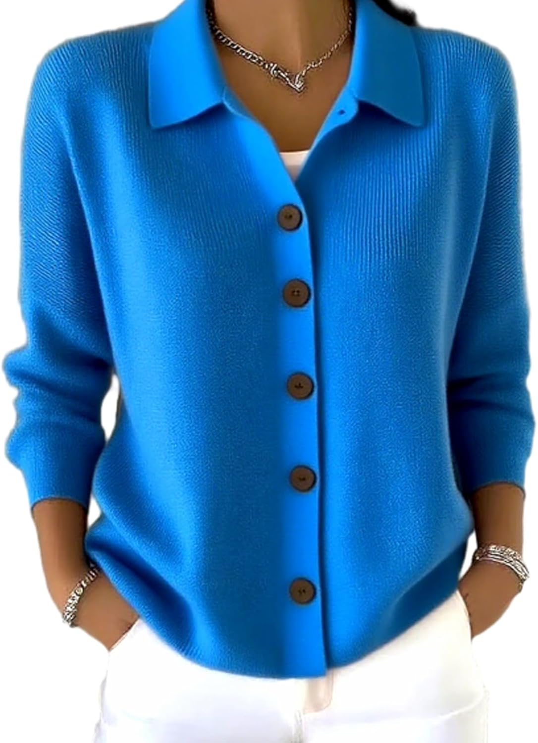 Women Cotton Plain Long Sleeve Comfy Casual Cardigan, Button-Down Knit Collar Sweater for Women