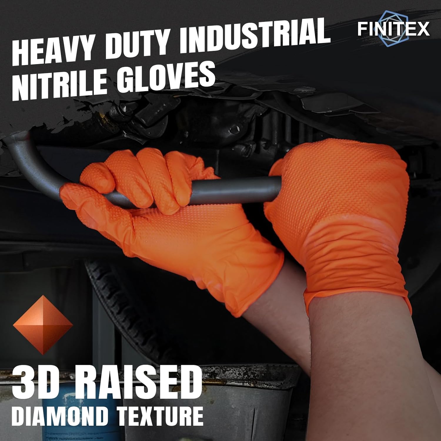 FINITEX Industrial Diamond Texture Nitrile Orange Glove - 100/1000PCS Chemical Resistant 6.3mil Mechanic Disposable Gloves