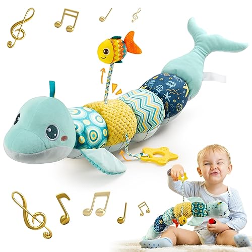 TURKIDS Juguetes musicales de delfín para bebé, juguetes suaves de actividad de animales de peluche con arrugado multisensorial, sonajero y texturas