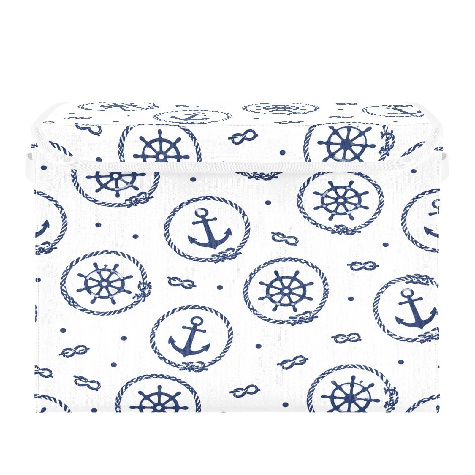 Ewusp Ship Anchors Rudder Fabric Storage Bin with Lid, Decorative Foldable Storage Basket with Handles, Stackable Closet Shelf Organiser Box for Clothes, Books, Bedroom, Living Room