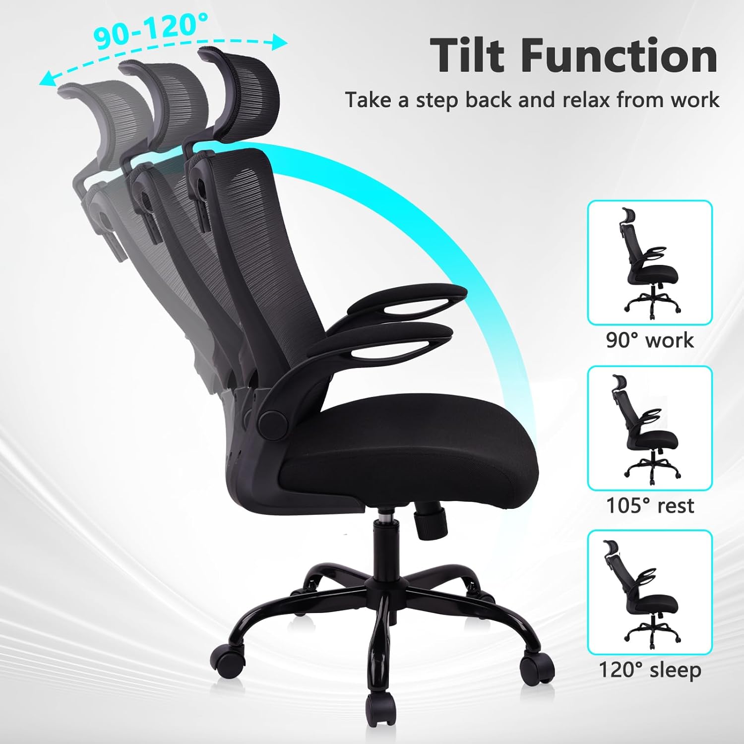 CLATINA Heavy Duty Ergonomic Mesh Office Chair 400LBS, Big and Tall Desk Chair with Adjustable Lumbar Support & Headrest, Flip Up Padded Arms, Swivel Computer Chair for Home, Conference, Black, 6 PACK