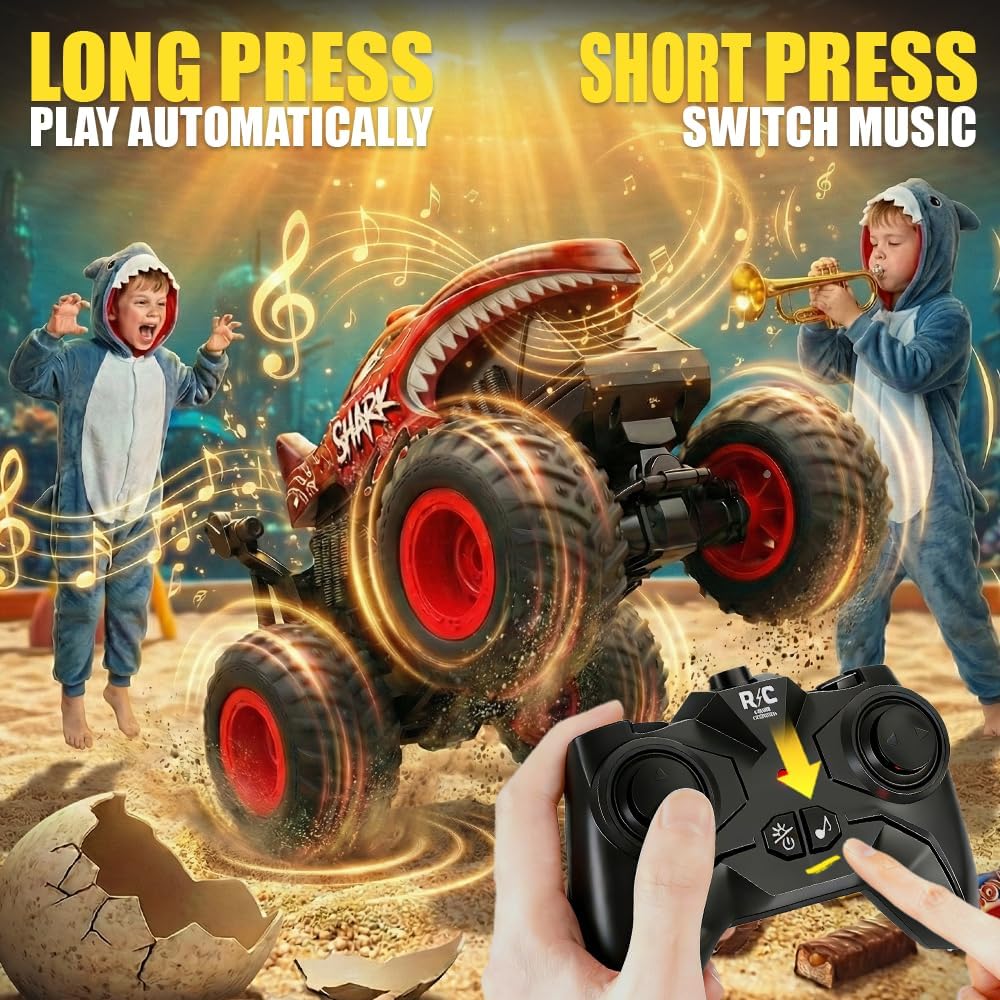 BEZGAR Monster Truck Toys, Remote Control Monster Truck with Dancing Spins, Lights & Music, 1:20 Remote Control Car for Boys 4-7, 5 6 7 8 9 10 +Year Old Boys Birthday Gifts (Red)