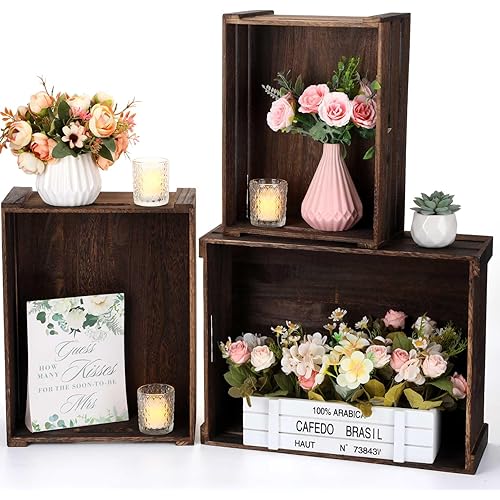 3 Pcs Decorative Wood Crate Nesting Storage Crates Rustic Wooden Crate Box with Handles Crates for Organizing Storage Container for Wedding Birthday Party Display Decor (Retro Brown)
