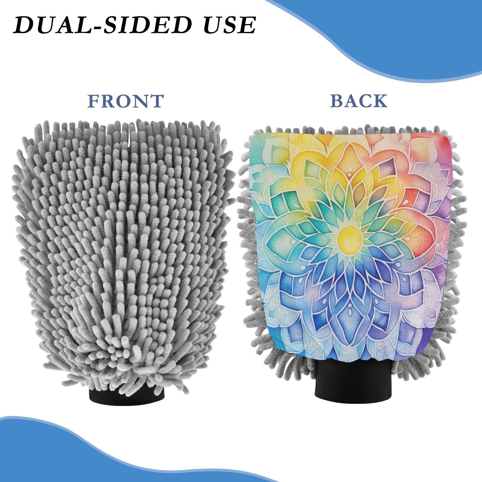 ALAZA Rainbow Mandala Colorful Car Wash Mitt Scratch Free, 2 Pack Absorbent Microfiber/Chenille Washing & Drying Mitts, L