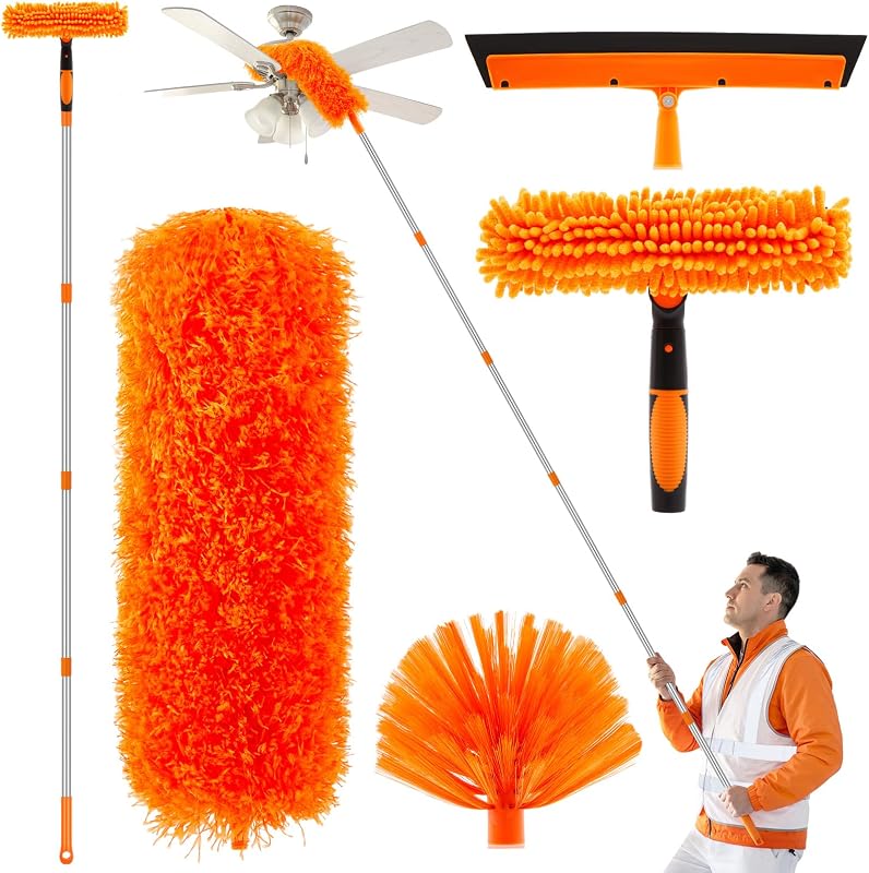Kit de Escovas e Espanadores com Haste Extensível de 9,14 m e 4 Cabeças Intercambiáveis Yiyiring, Laranja