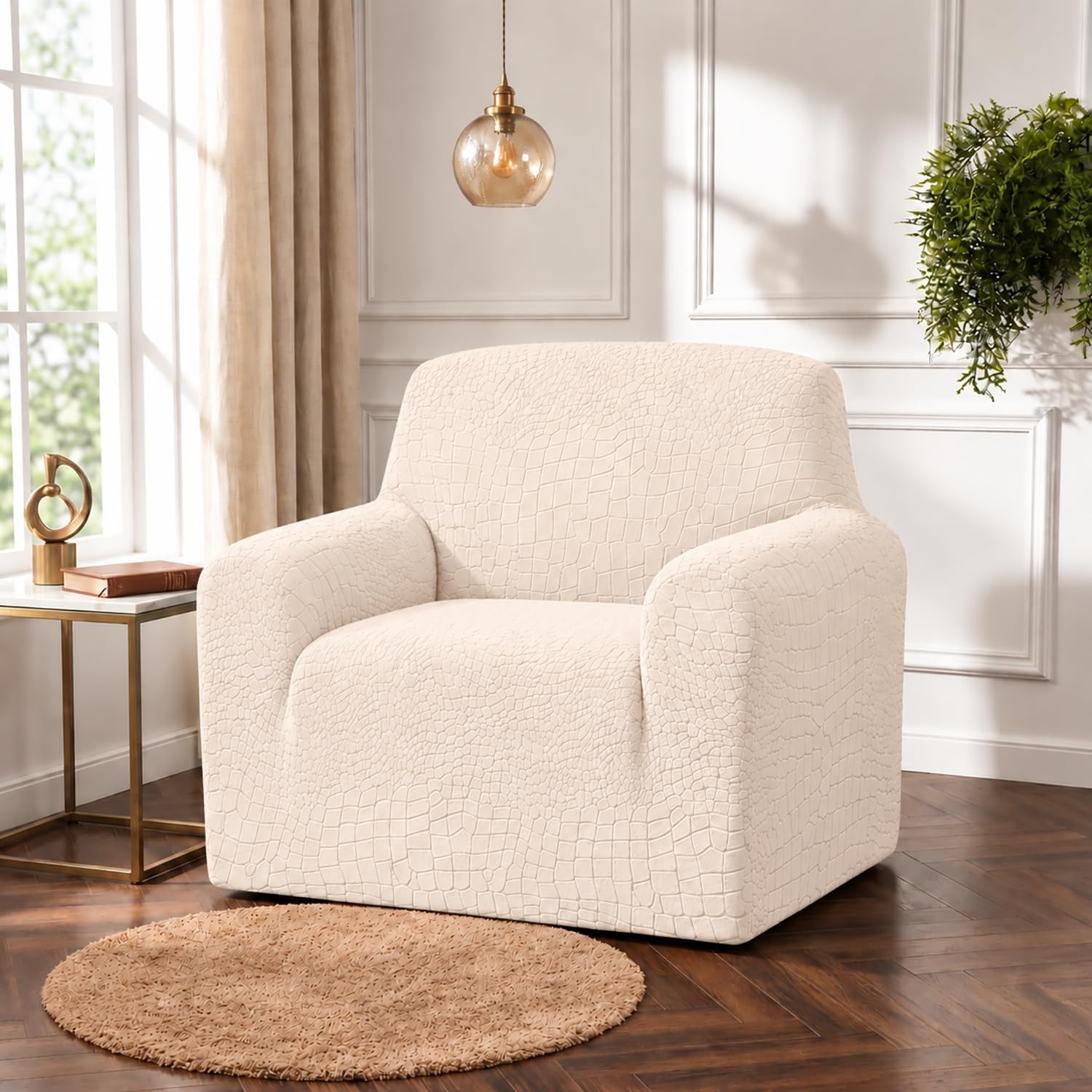 Universal Jacquard Crocodile Fabric Sofa Cover Soft Touching Cover for Couch Flexible Stretch Sofa Slipcover (One Seater, Beige)
