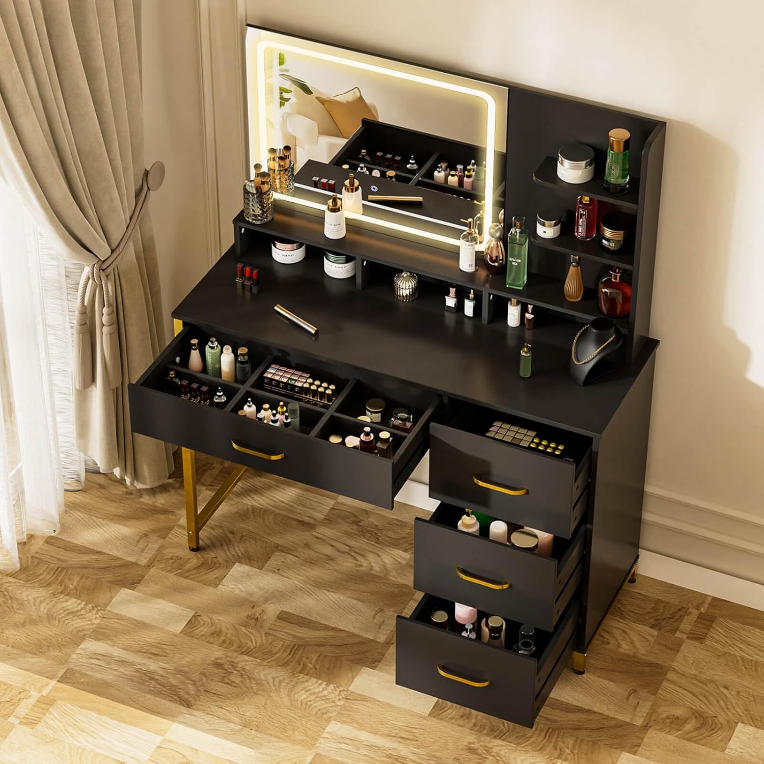 COMHOMA Vanity Desk with Mirror and Lights, Makeup Vanity Table with 4 Drawers & Storage Shelves, Large HD Mirror, 3 Color Modes & Adjustable Brightness, Modern Dressing Table for Bedroom, Black