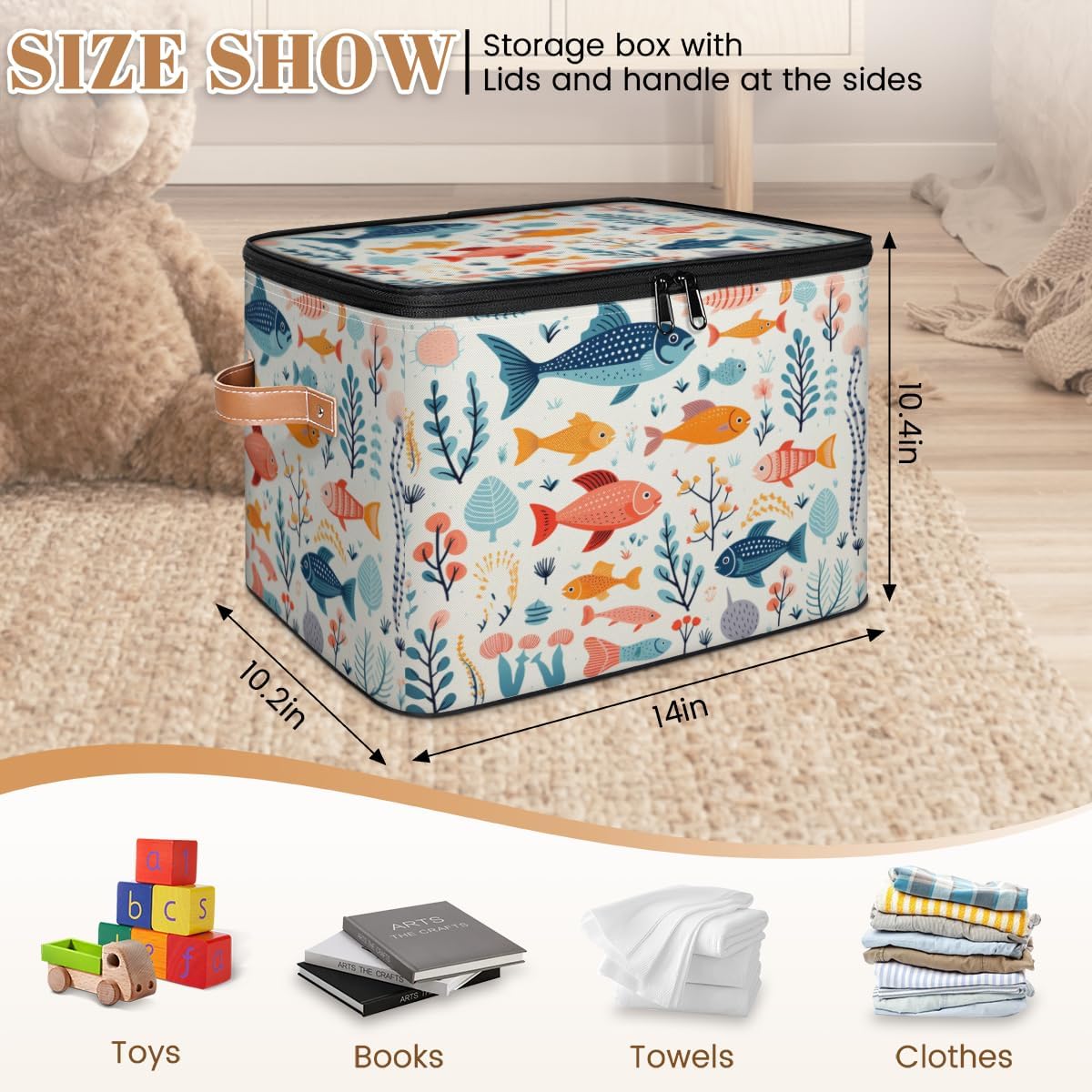 Storage Bin Set of 2 Tropical Fish Coral Storage Basket with Zipper Lid & Handle Foldable Closet Shelf 2 Pack Cloth Organizer Basket Cube Bins Clothes Organizer for Nursery, Bedroom