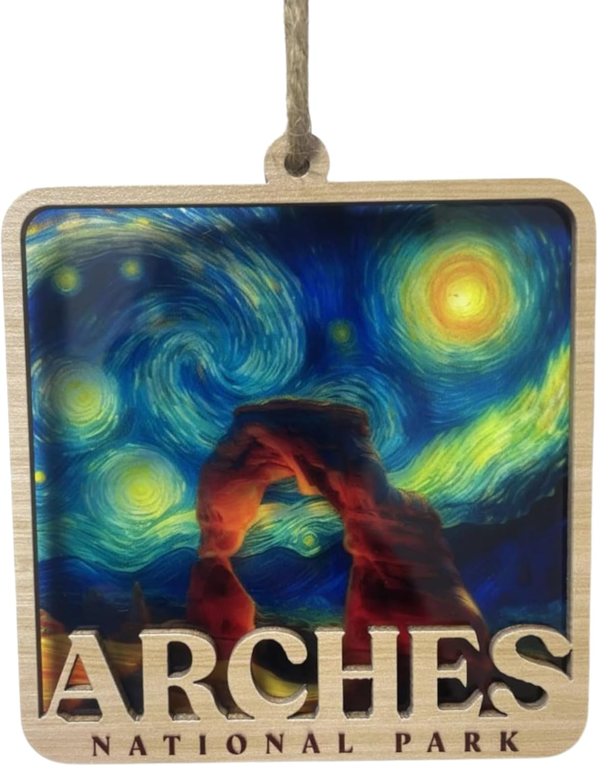 Arches National Park Suncatcher Ornament, Delicate Arch Decor, Handcrafted 2-Layer Wood and Acrylic Laser Cut Ornament, Utah Gift (8x8 in)