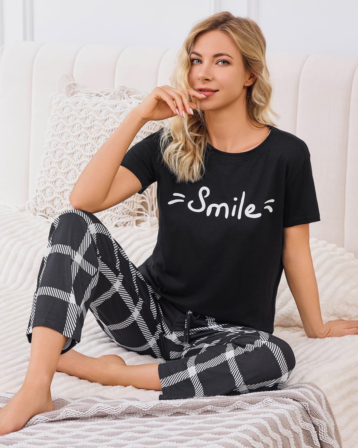 difficort Womens Pajama Sets Short Sleeve Pjs Tops with Long Pants Sleepwear Lounge Set with Pocket - Image 5