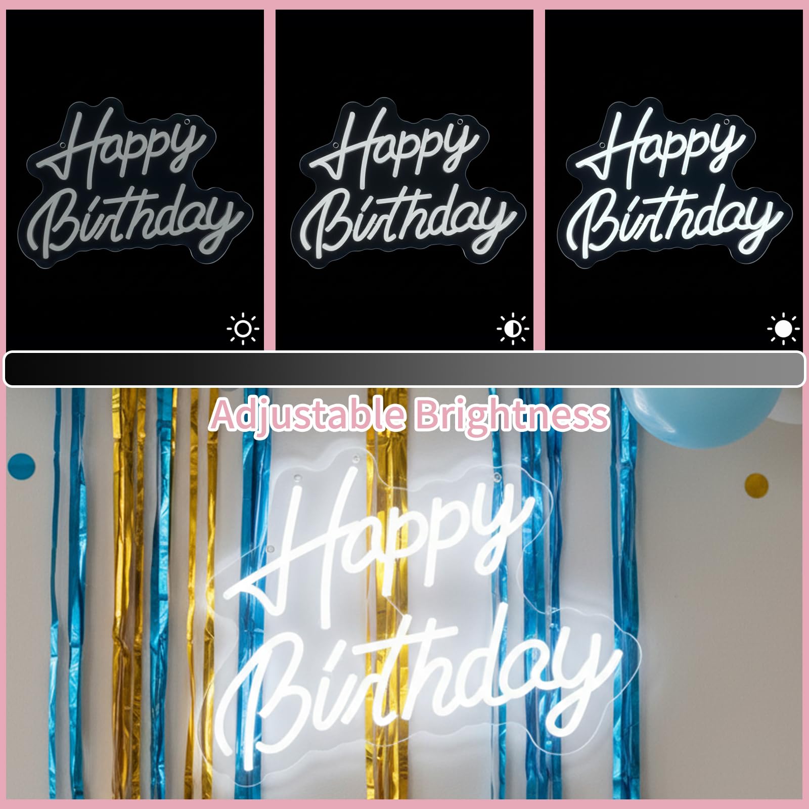 GENDLTHIJ Neon "Happy Birthday" do dekoracji ścian, ciepła biel LED, artystyczna dekoracja, neonowy znak świetlny na każdą imprezę urodzinową (biały)