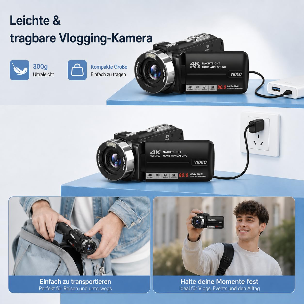 Caméscope 4K - Caméra vidéo 30 fps 80 MP 18 x zoom numérique IR vision nocturne caméra vlogging écran IPS 3,0" YouTube avec carte SD 32 Go, télécommande et 2 piles