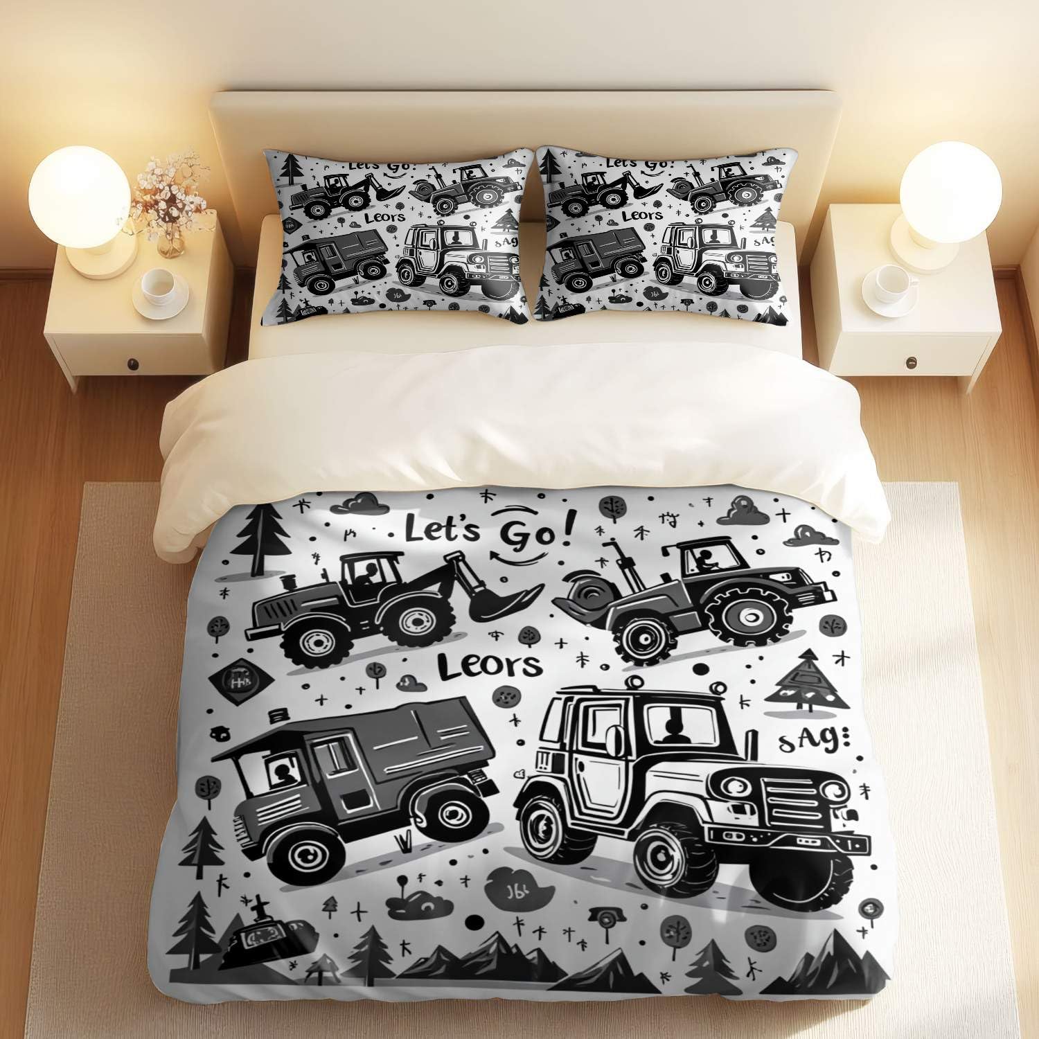 Housse de couette tracteur King Size anti-plis pour lit enfant avec 2 taies 50x75 cm