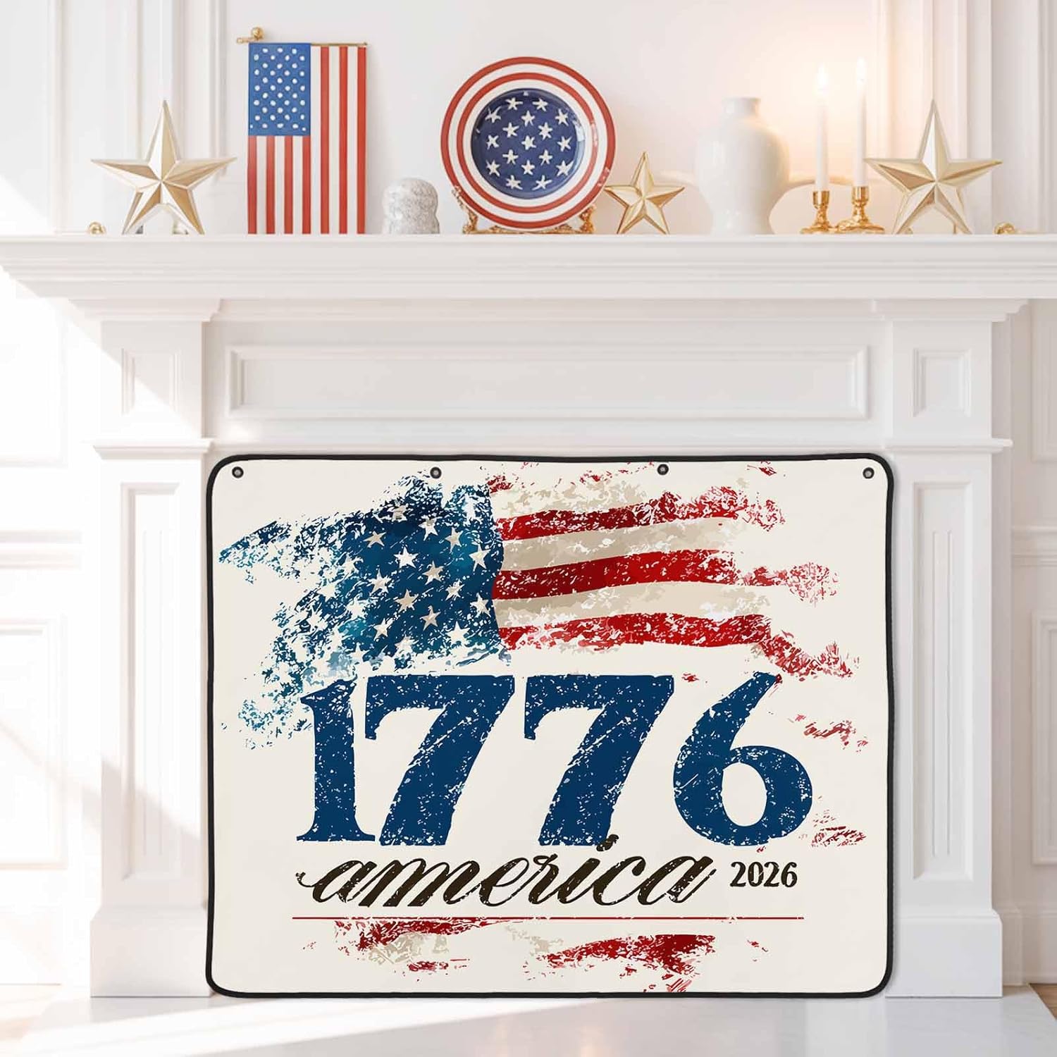 4th of July Magnetic Fireplace Cover America1776-2026 Fireplace Screen Vintage USA Flag Beige Insulation Fireplace Blocker Save Energy Fireplace Draft Stopper Covers for Living Room 36x30 Inch