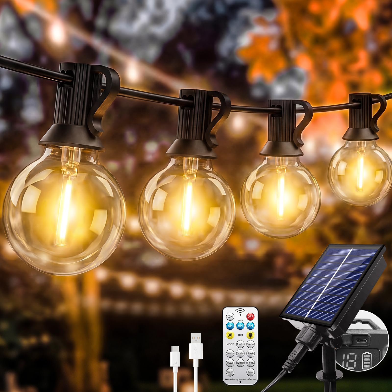 litogo Solar Festoon Light Outdoor with Remote,13M/43FT Dimmable Garden String Lighting Waterproof,USB Solar String Lights with 8 Modes LED G40 Shatterproof Bulbs for Fence Patio Gazebo Party