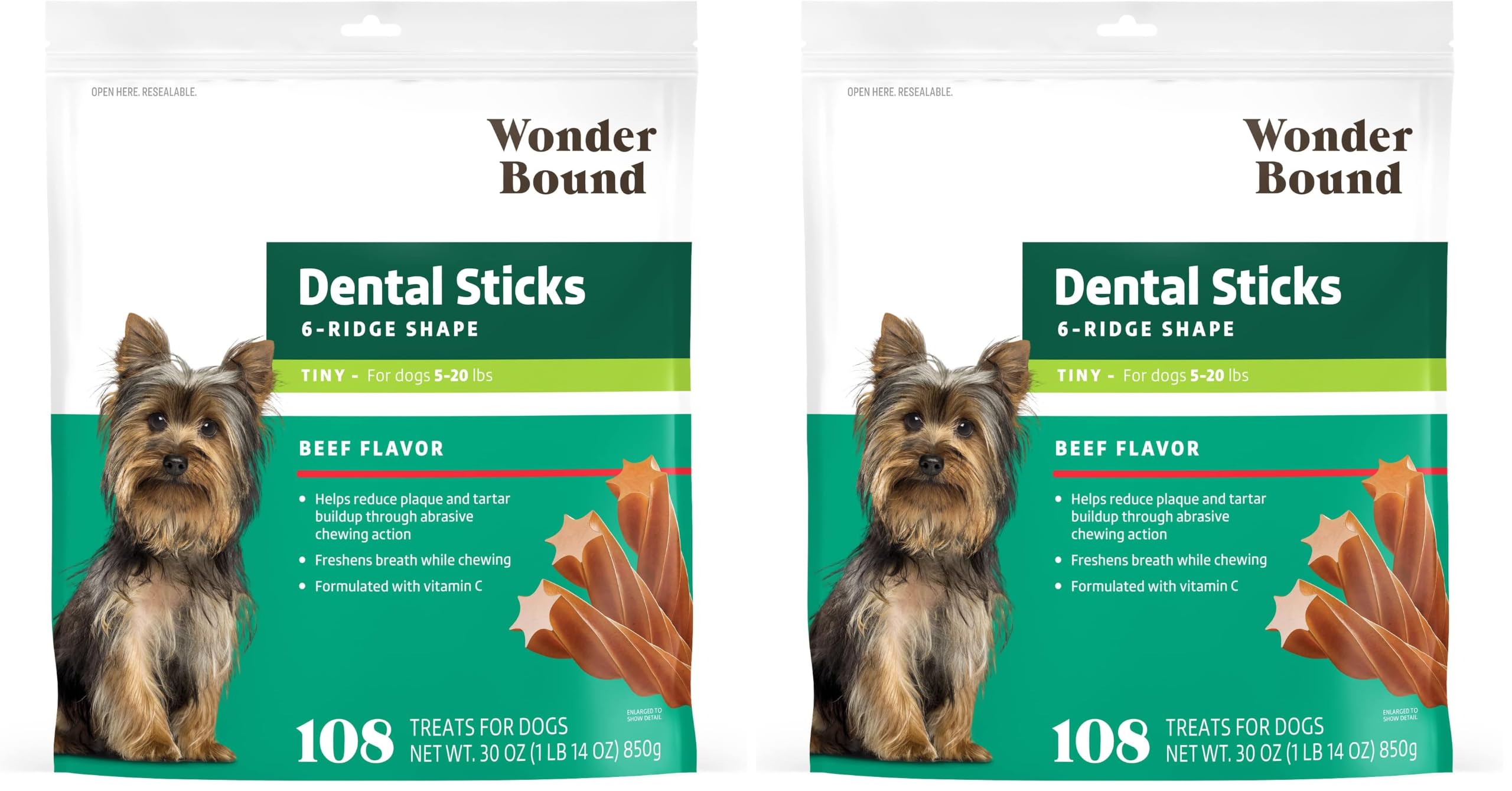 Wonder Bound Beef Flavor Dental Sticks for Tiny Dogs (5-20 lbs), 6-Ridge Shape for Plaque &amp; Tartar Control, Freshens Breath, Formulated with Vitamin C, 108 Count (Pack of 2)