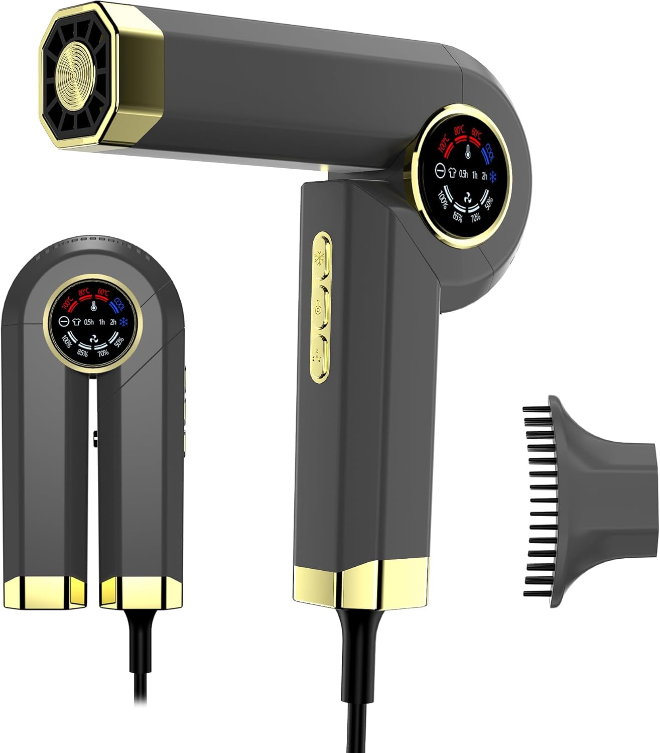Hair Dryer, 1400W High-Speed Blow Dryer with 110,000 RPM Motor, Advanced Ionic Technology for Smooth Shiny Hair, LED Display, Magnetic Nozzle, Foldable for Travel, 5.3Ft Cord, Grey