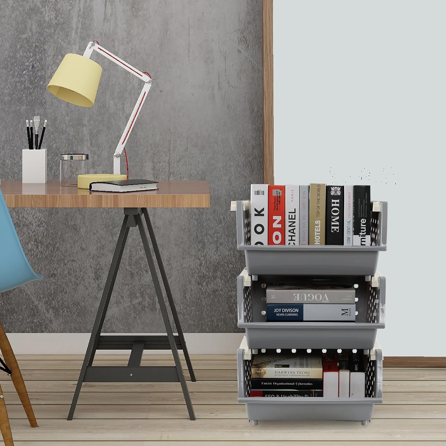 Ggbin 3 Tier Stackable Storage Baskets, Plastic Stacking Open Front Storage Bin, Grey