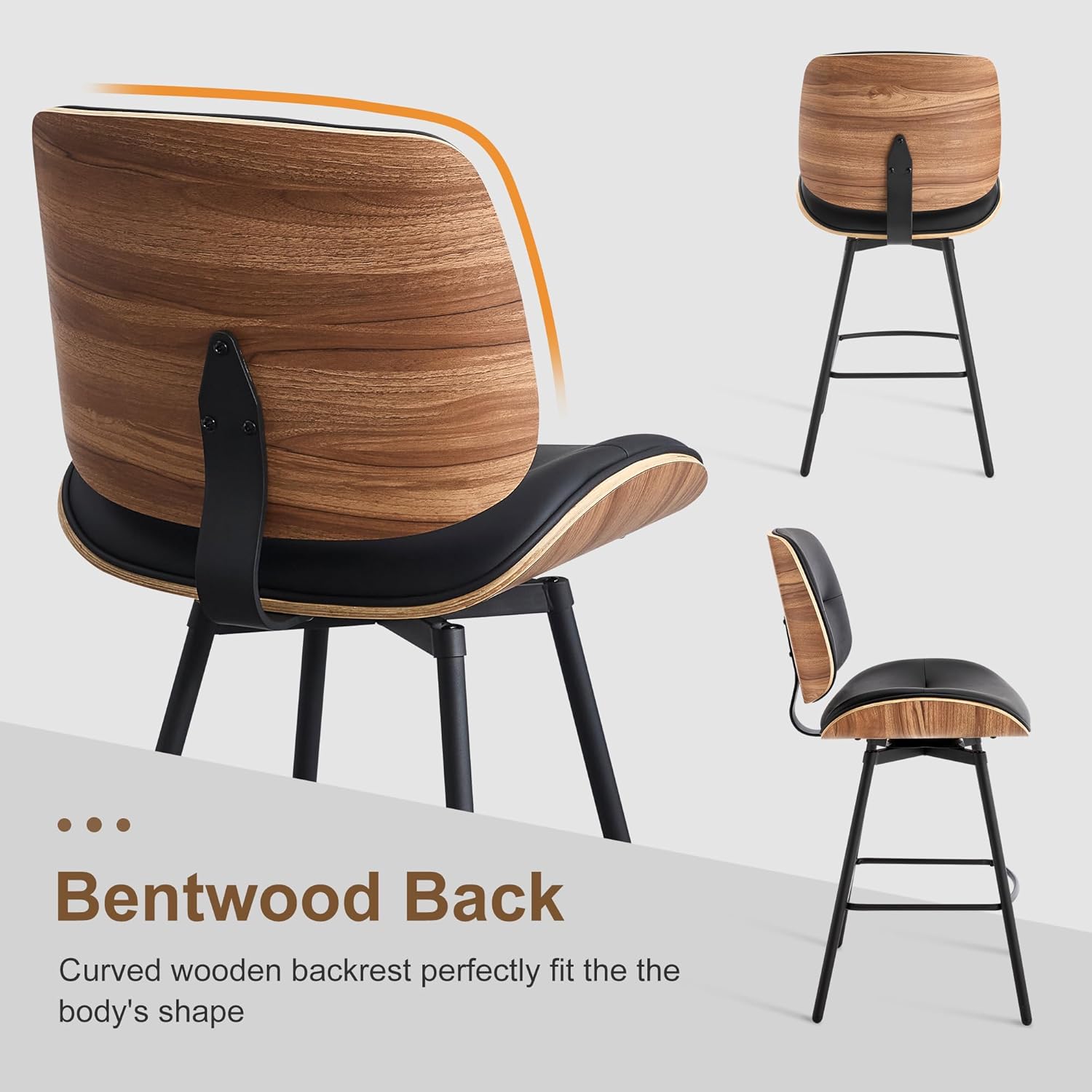 BFZ 27" Swivel Bar Stools Set of 2, Mid Century Modern Counter Height Barstools with Walnut Back and Metal Legs, Upholstered Faux Leather Bar Chairs for Kitchen Island