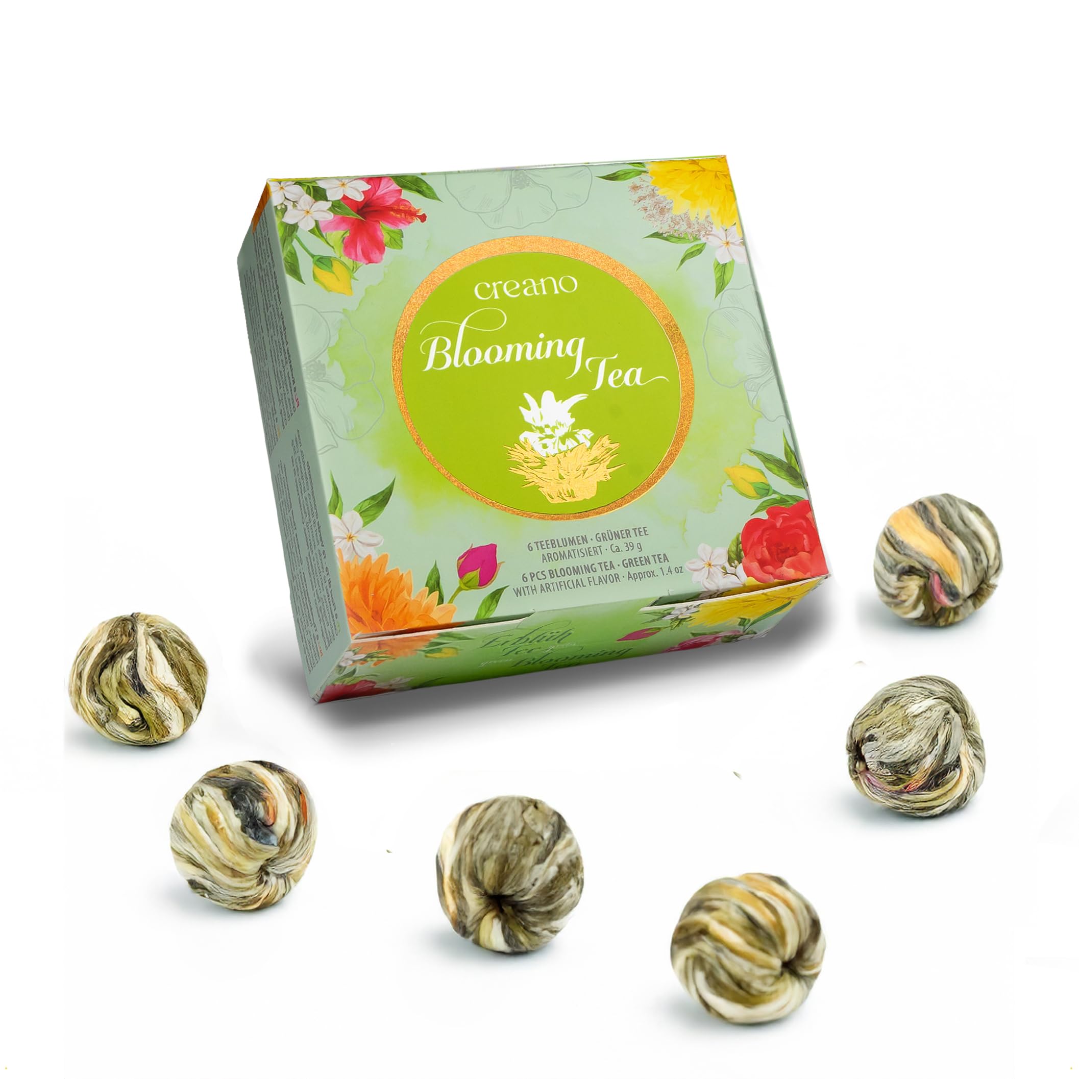 Creano Teeblumen Geschenkset - Flower Design - Erblühtee Frühjahrslese mit 500 ml Glaskanne und 6x grüner Tee - Geschenk zu Valentinstag, Muttertag