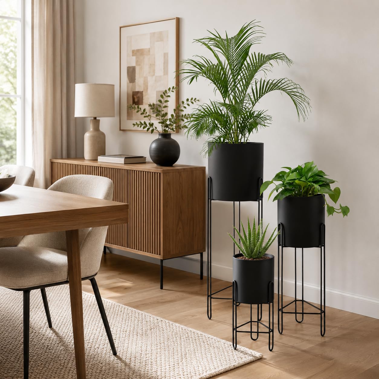 TRIROCKS Lot de 3 pots de fleurs avec support pour plantes d'intérieur de 73,7 cm, 45,7 cm et 30,5 cm pour salon, coin, cuisine, bureau, jardin, balcon, terrasse (noir)