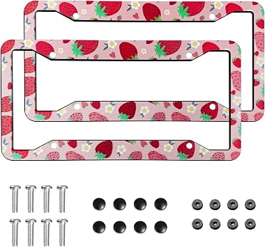 Strawberry License Plate Frame Cover Universal US Car Plate Holder Tag Accessories Decor for Women Man 2 Pack with Screw 12.3 x 6.3 Inch