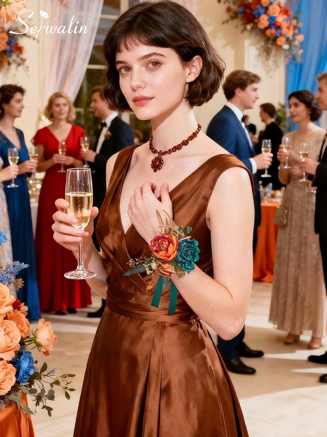 Serwalin 6 PCS Teal Orange Wrist Corsage for Prom, Corsages Wristlet for Wedding Bridesmaid Mother Grandmother Girl, Peony Artificial Flowers for Party Ceremony Homecoming Anniversary