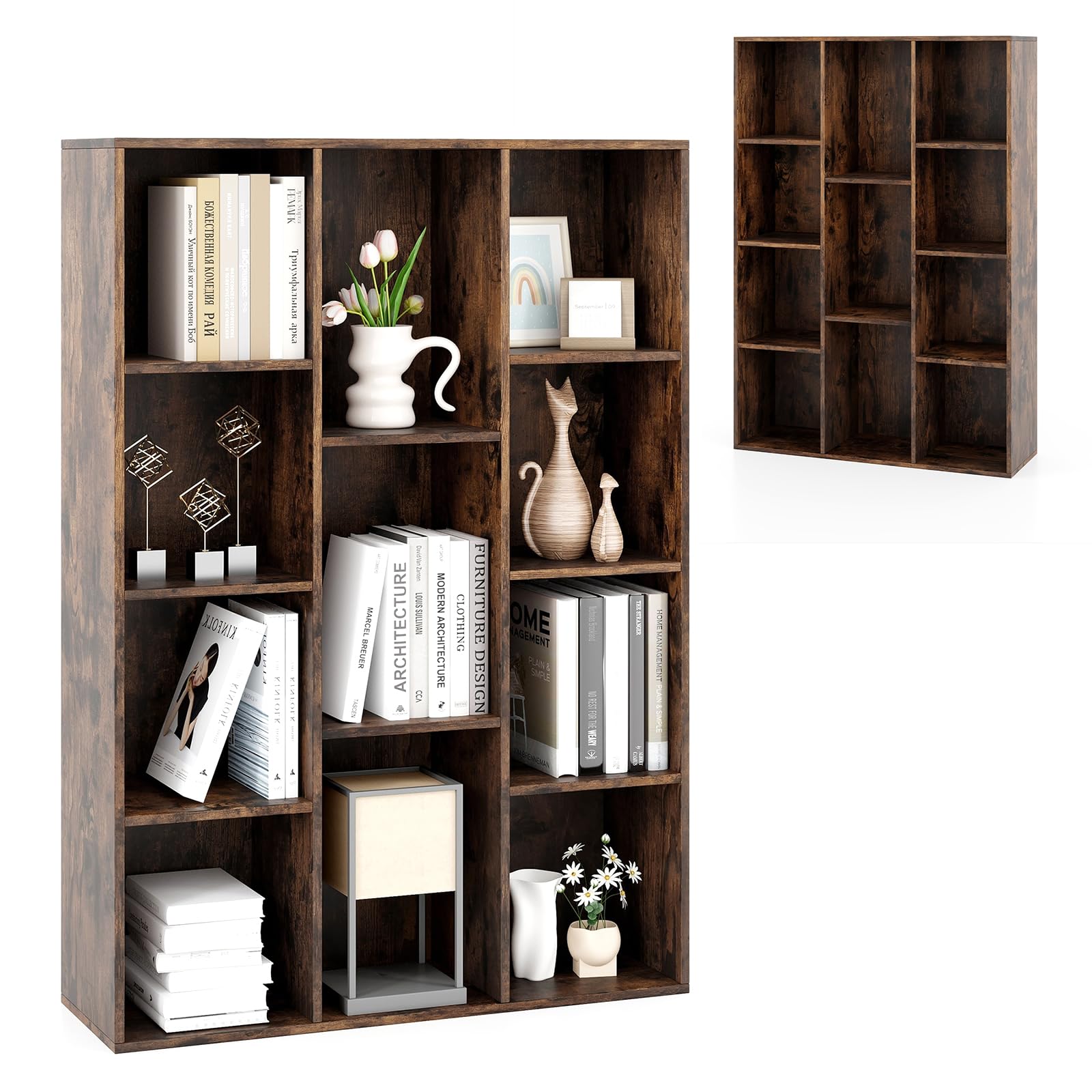 KOMFOTTEU Libreria Aperta con 11 Scomparti, Libreria a Cubi, Arredamento Casa, Scaffale da Ufficio, 74 x 24 x 106 cm (Marrone)