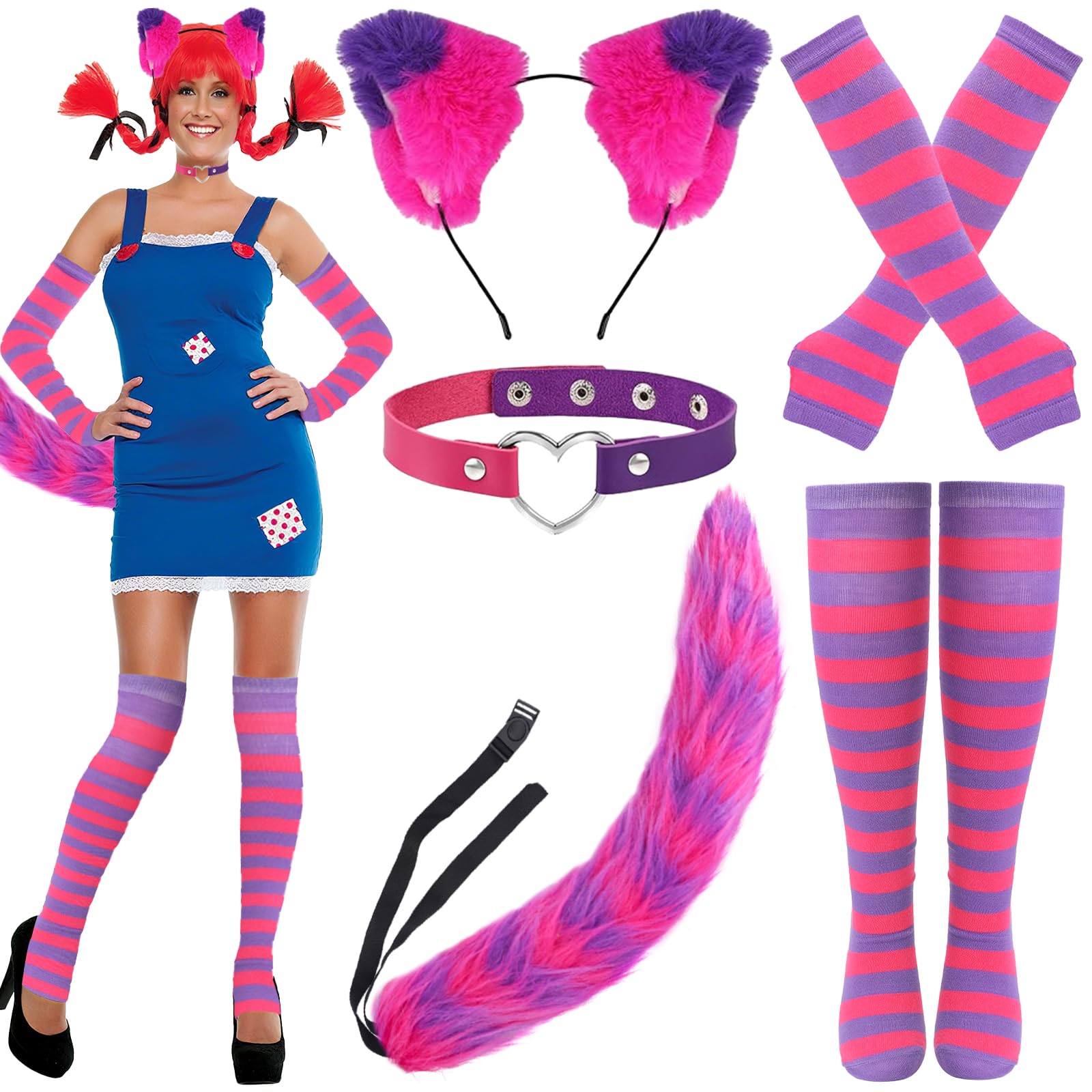 KMLGY 7 PCS Pink and Purple Striped Cat Costume for Girls Women Halloween Cosplay Accessories, Cat Ears Headbands, Furry Tail