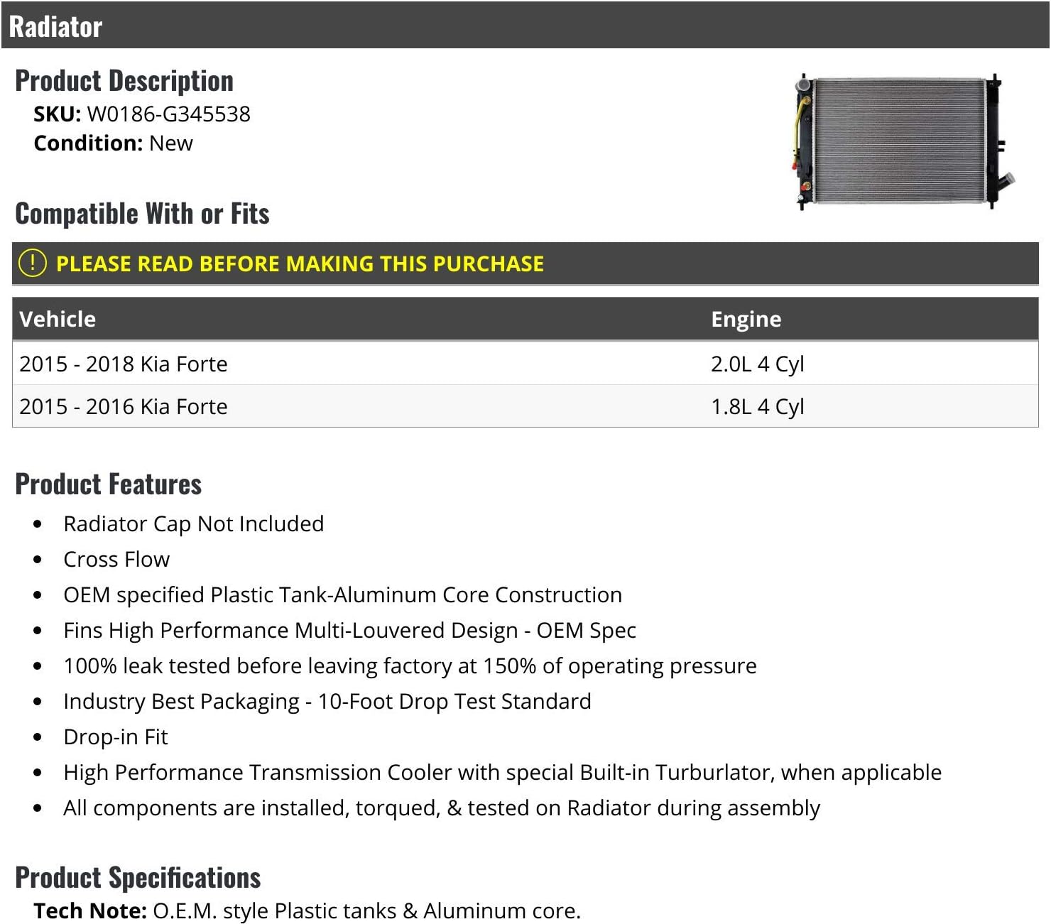 Radiator without Cap - Compatible with 2015-2018 Kia Forte 1.8L 2.0L 4-Cylinder