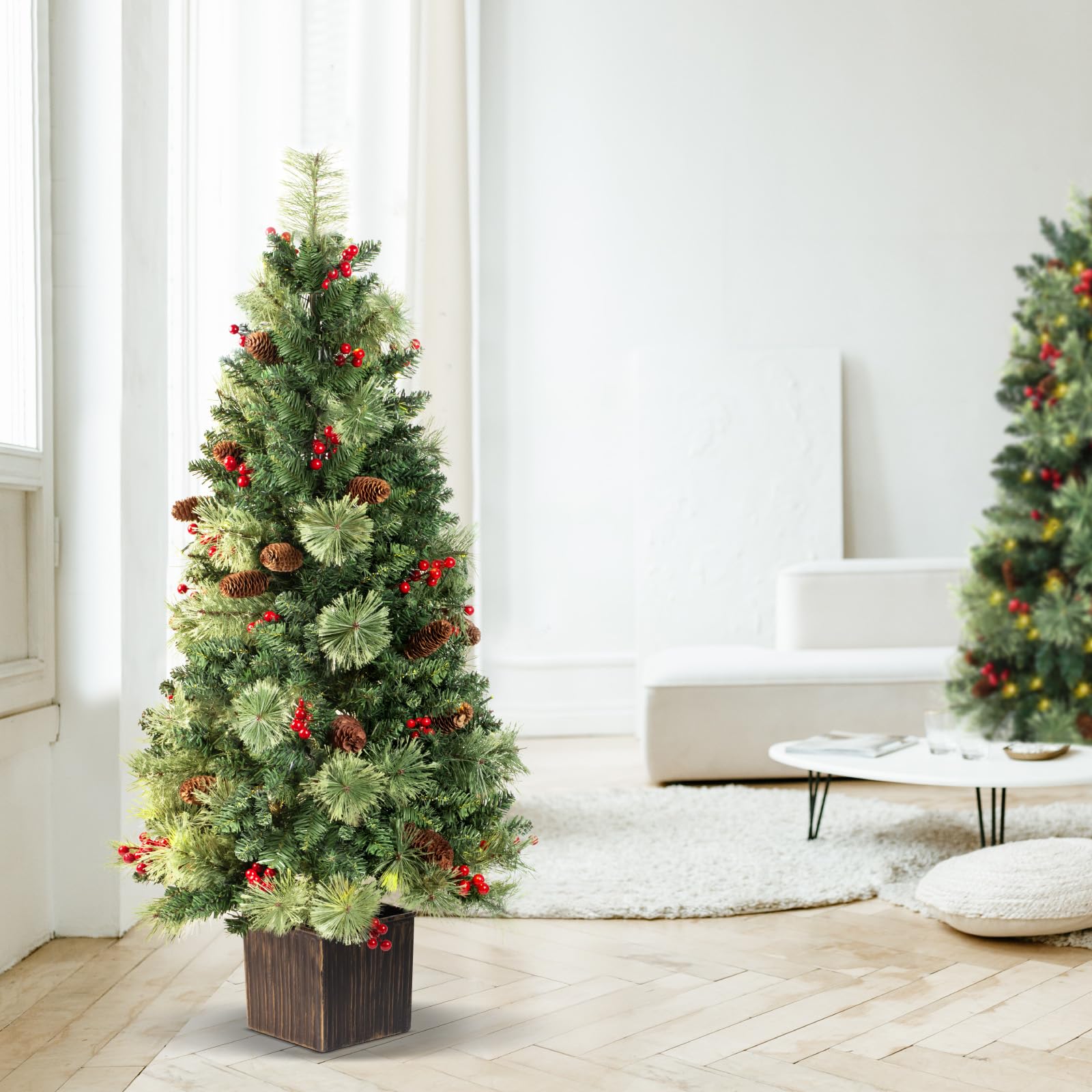 LAVEVE Lot de 2 sapins de Noël de 1,2 m avec 100 lumières, fonctionne avec | Branches de cèdre et pommes de pin