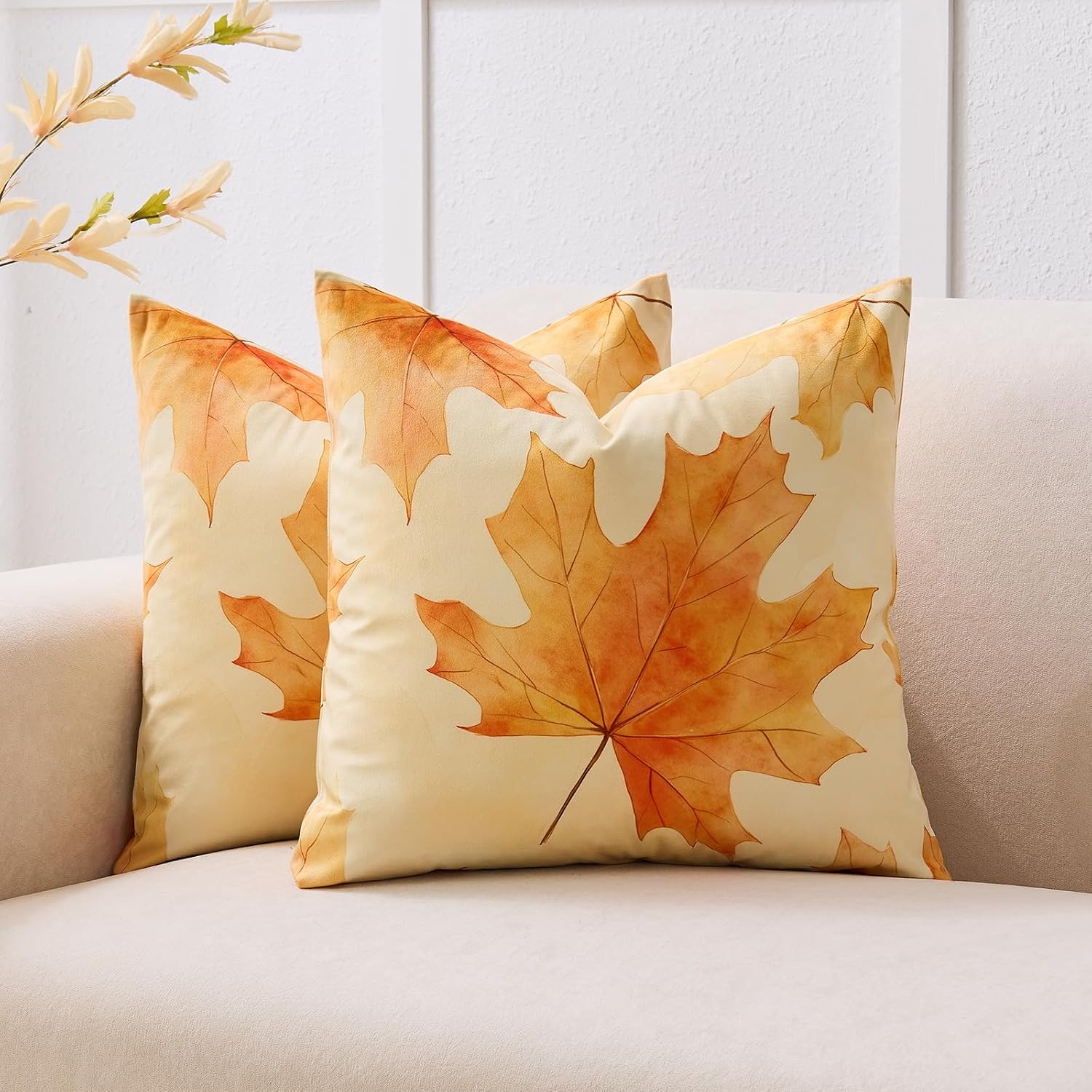 Fall Pillow Covers 18x18 Set of 2 - Burnt Orange Maple Leaf Throw Pillow Covers, Autumn Decorations Decorative Velvet Cushion Cases for Couch Sofa Home Decor