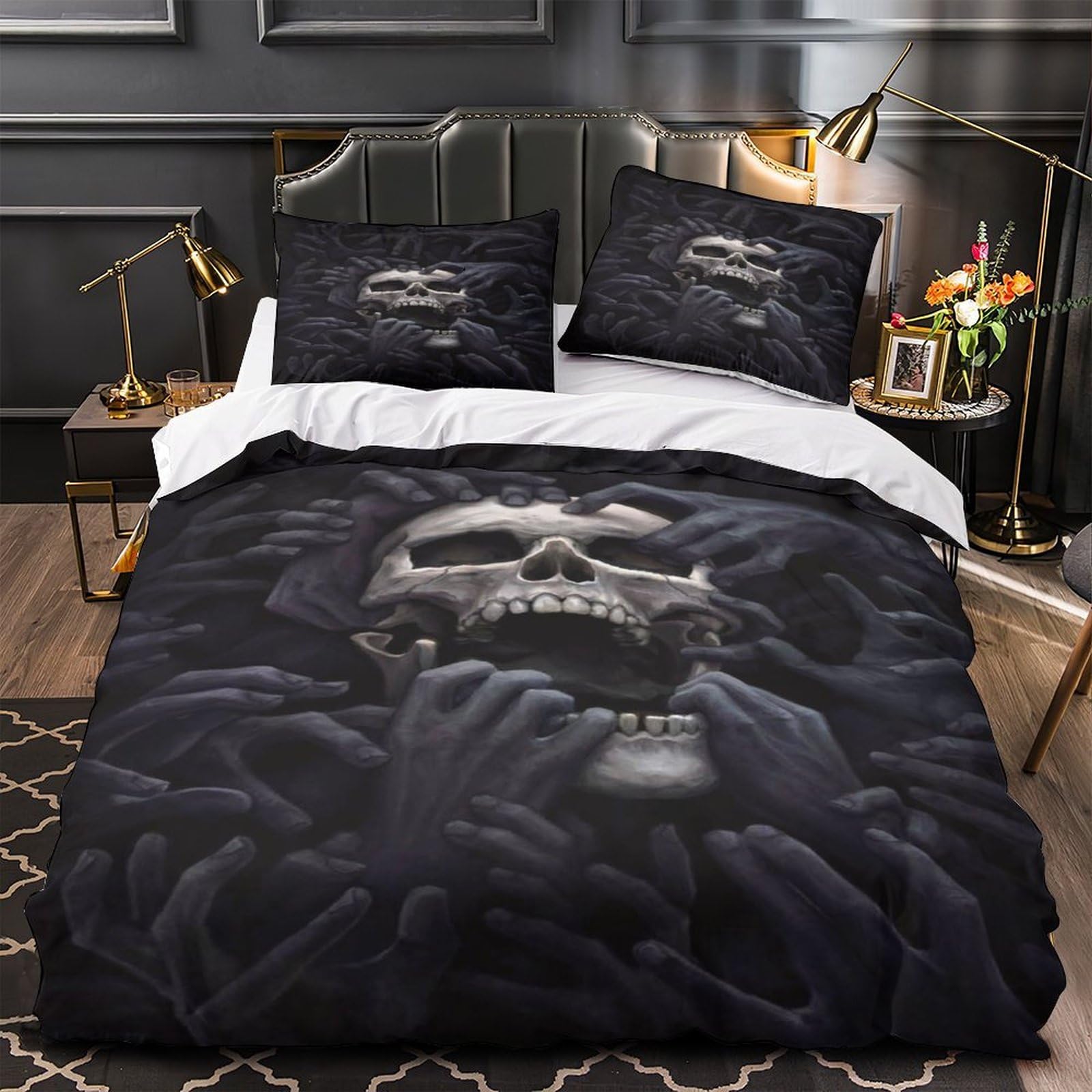 Housse de couette palmiers 200x200cm en microfibre noire et blanche pour lit double confortable