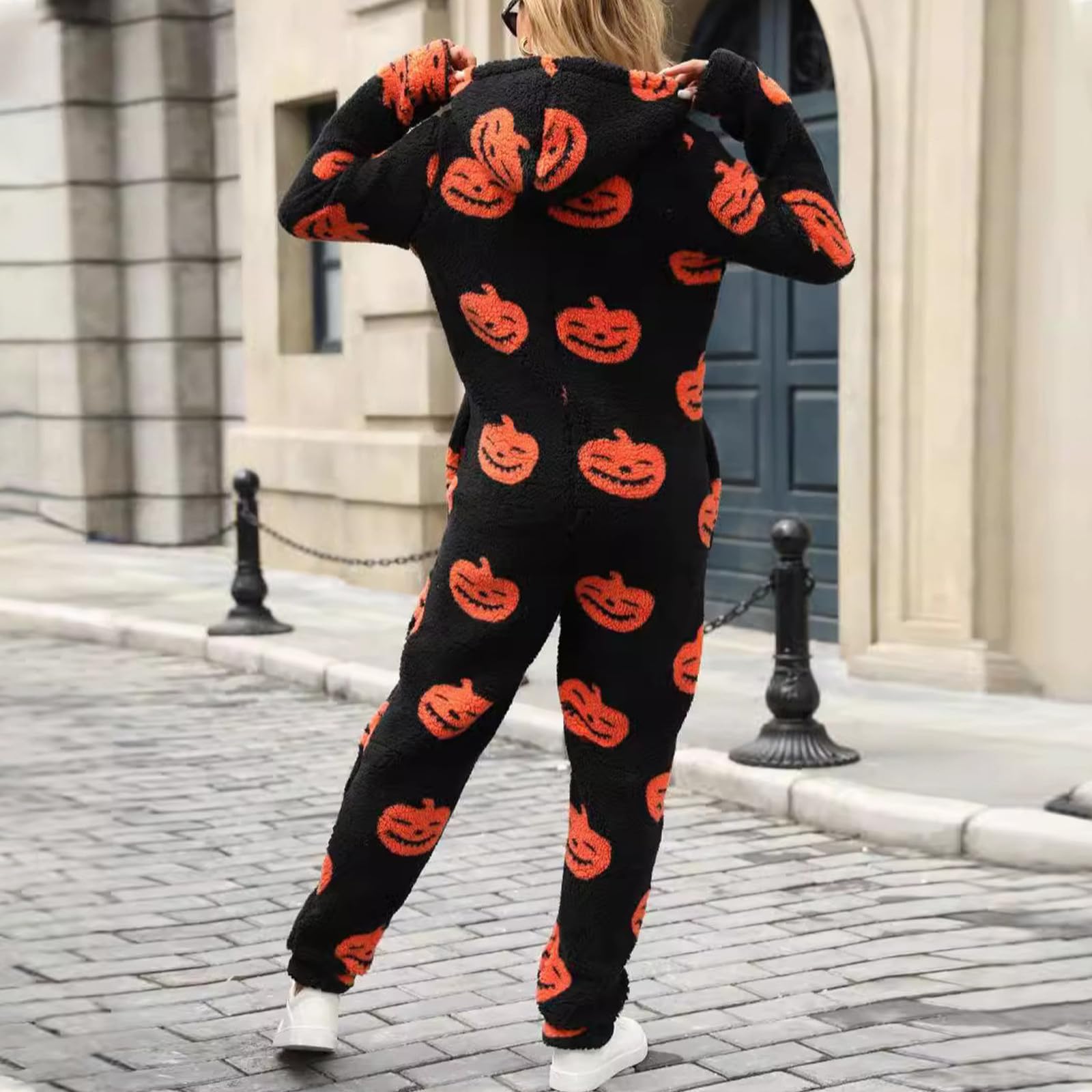 Combinaison Une Pièce Femme en Douce avec Fermeture Zippée Coupe Ample | Capuche Imprimé Citrouille Pour