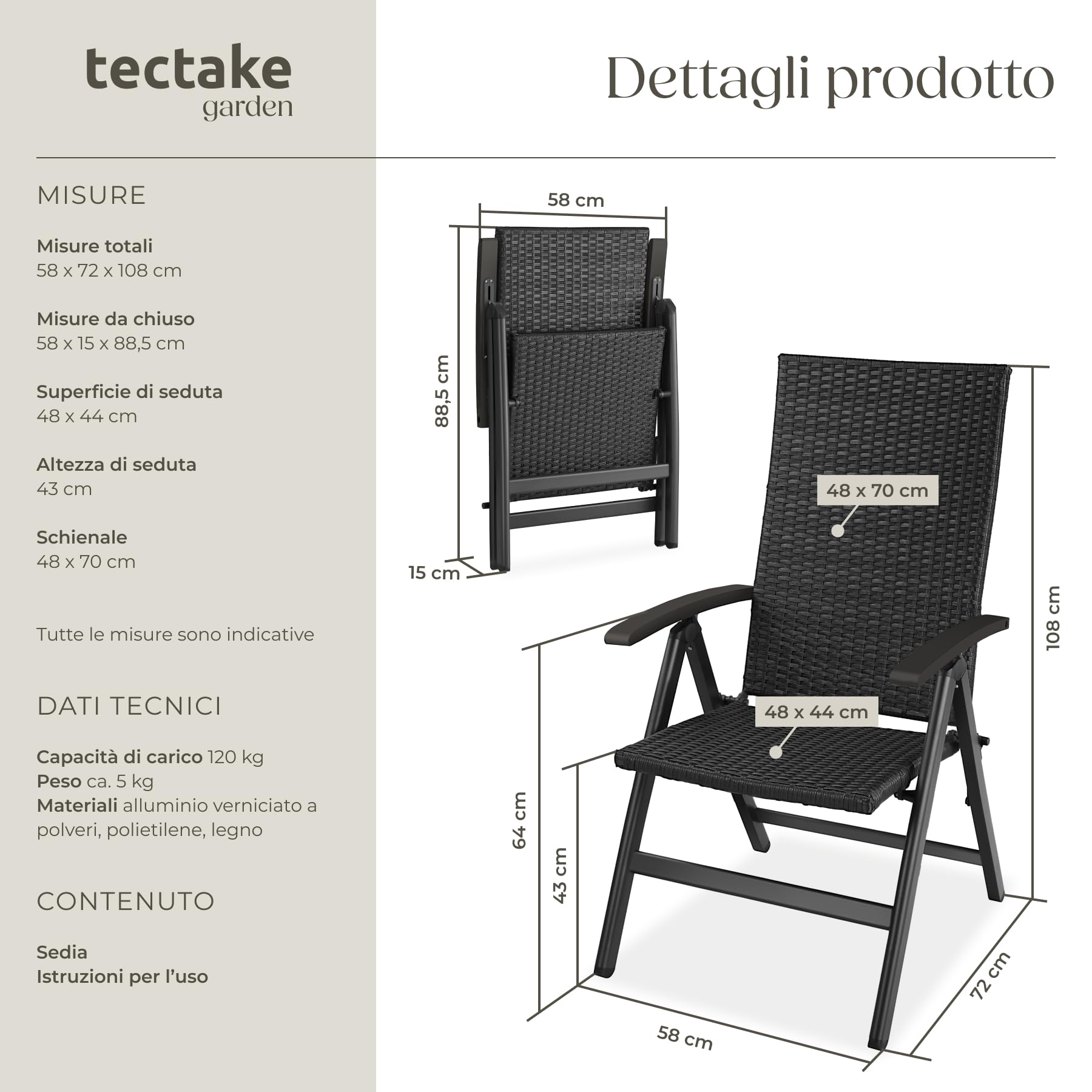 Poltrona da Giardino in Poly Rattan Regolabile Pieghevole Resistente alle Intemperie Carico Max 120 kg Nero