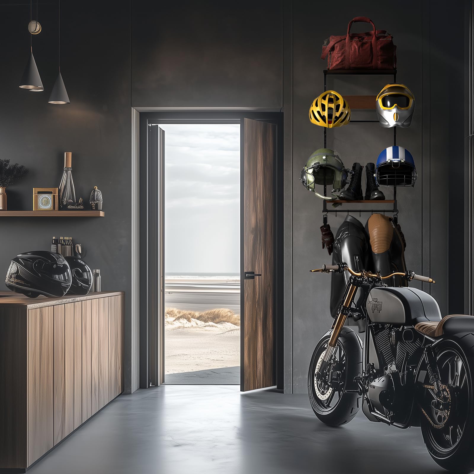 Support Casque Moto, Porte Casque Moto Mural pour Accrocher Le Casque et la Veste de Moto au Mur,Avec des planches en bois doubles，pour ranger vos accessoires de moto