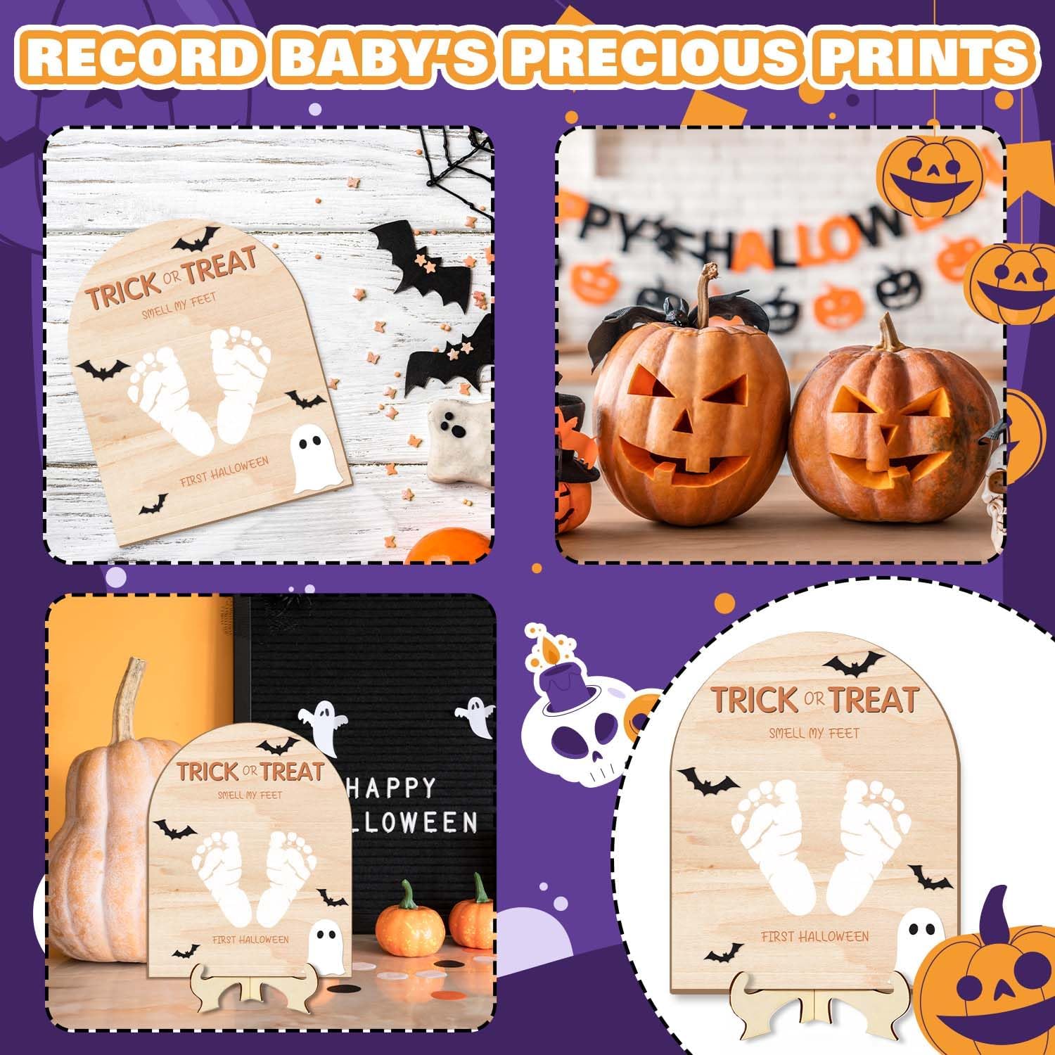 Trick or Treat Smell My Feet Halloween Sign with Stand,Baby's First Halloween Footprint Keepsake,Wooden Milestone Photo Prop for Newborn Baby,Handprint Memory Decoration and First Holiday Gift image 5