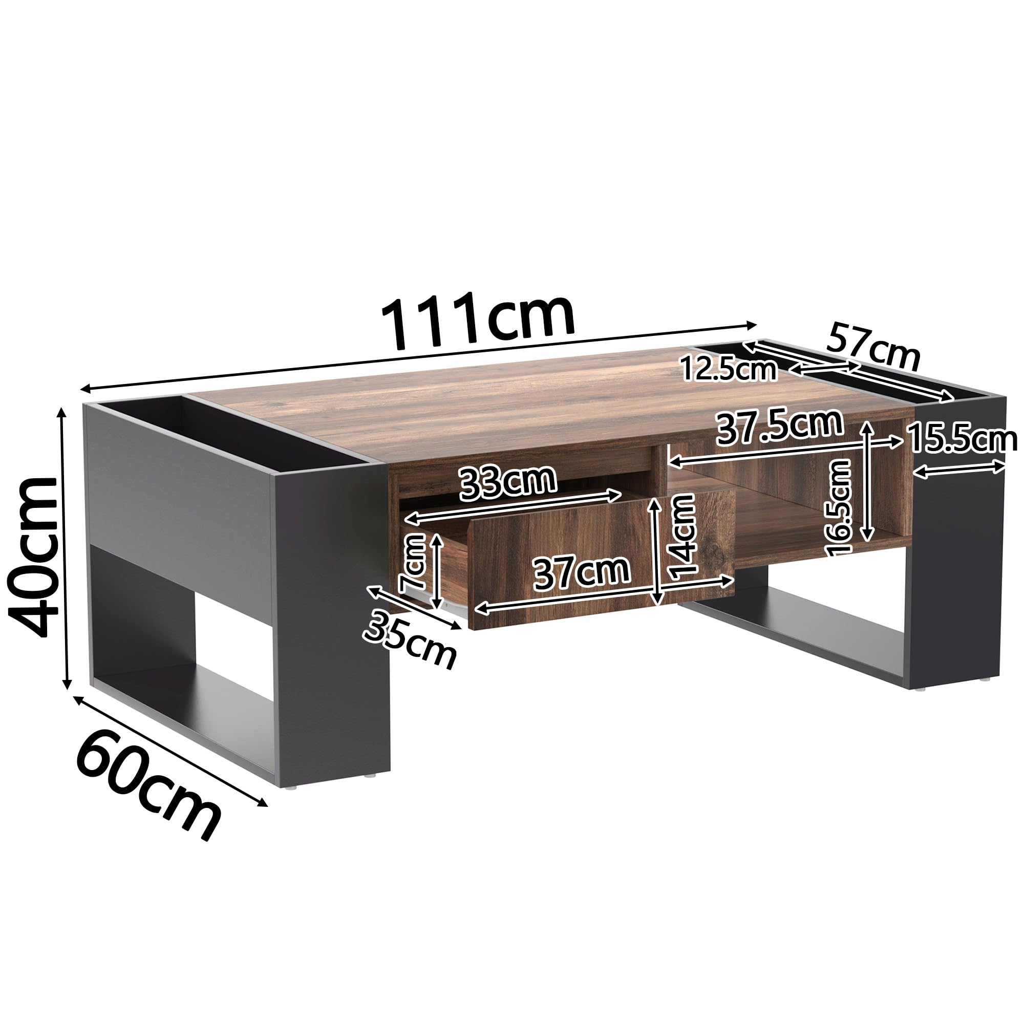 Tavolino 111/60/40 cm, divano con cassetto e scomparti aperti, tavolo da soggiorno