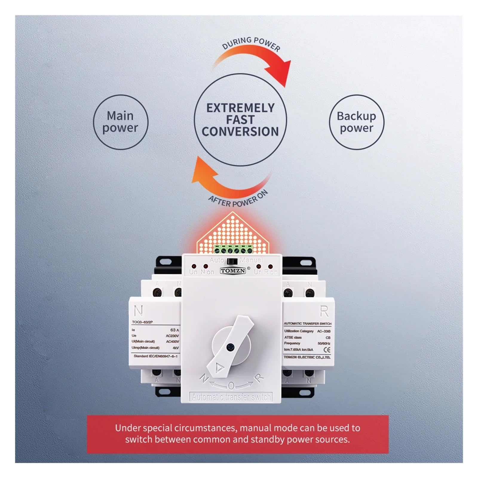 Interruptor de Transferencia automático de Doble Potencia, Tipo 2P 63 A 230 V(2 Input 1 Output)