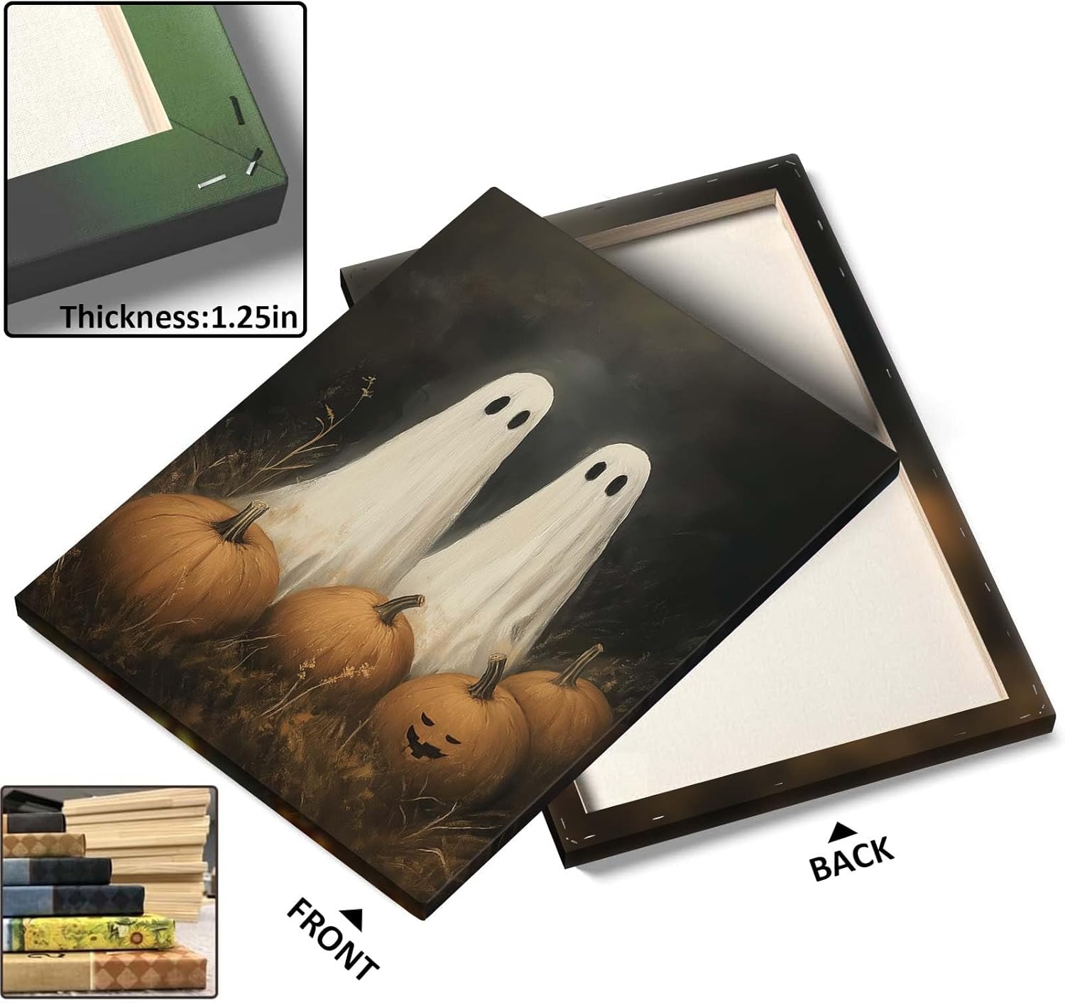 Vintage Halloween Canvas Wall Art, Cute Ghost and Pumpkin Canvas Print Poster, Vintage Pumpkin Halloween Oil Painting, Funny Lighted Gothic Wiccan Artwork, Creepy Pictures Decoration, 11x14inch Framed