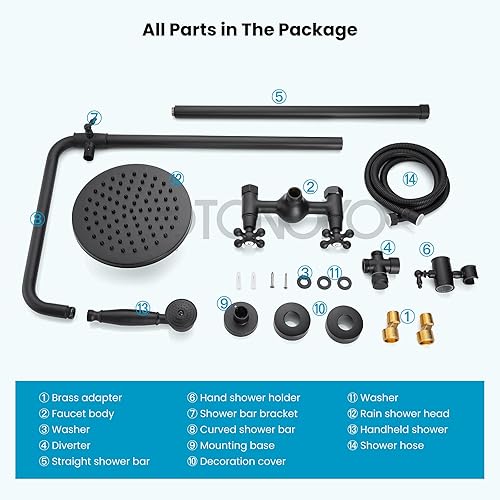 Miniatura 5 de Juego de sistema de ducha de lluvia negro mate, 2 pomos cruzados, cabezal de ducha de lluvia de 8 pulgadas con rociador de mano, grifo de cocina