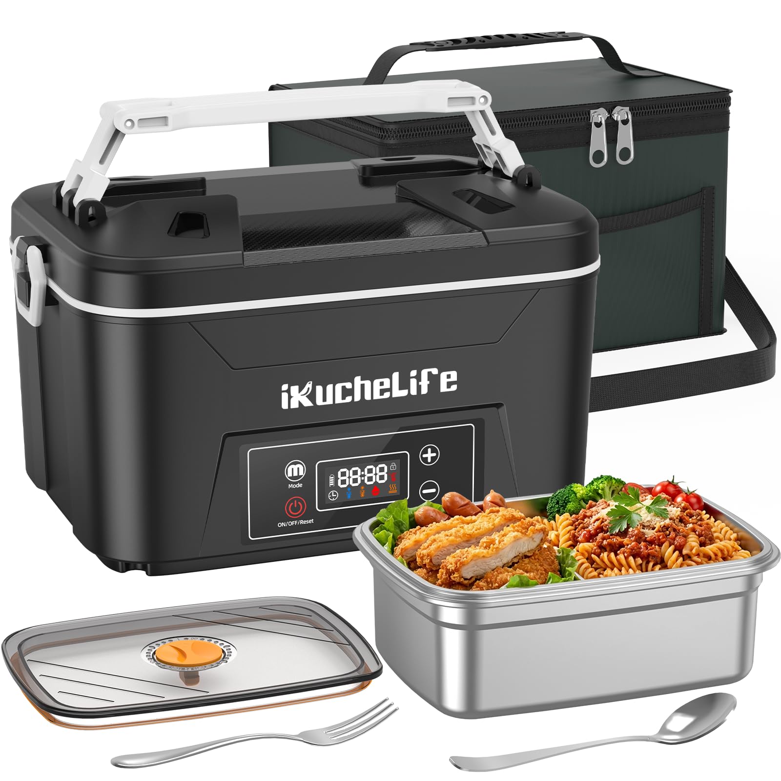 iKuchelife Cordless Electric Lunch Box, 24000mAh Heated Lunch Box, 1.2L Stainless Steel Lunchbox, Smart Wireless Heat Lunchbox Portable Food Warmer with Container for Camping, Office, Travel, Work
