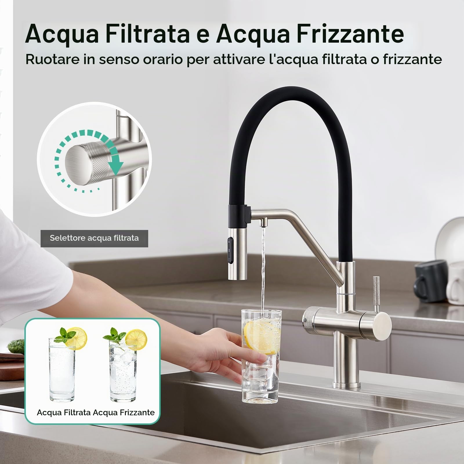Faustina Miscelatore da cucina a 4 vie smontabile, doppia leva con sistema a osmosi per acqua potabile, rubinetto per lavello con tubo flessibile in silicone nero
