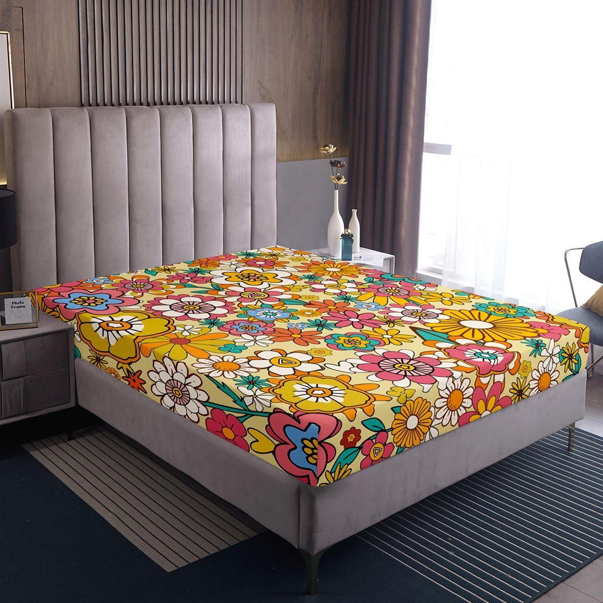 Erosebridal 60S 70S Hippie Flower Bedding Set, Groovy Floral Bed Sheets Queen, Boho Vintage Flowers Fitted Sheet 90S Groovy Aesthetic Sheets for Kids Girls Teens Adult Women, Colorful