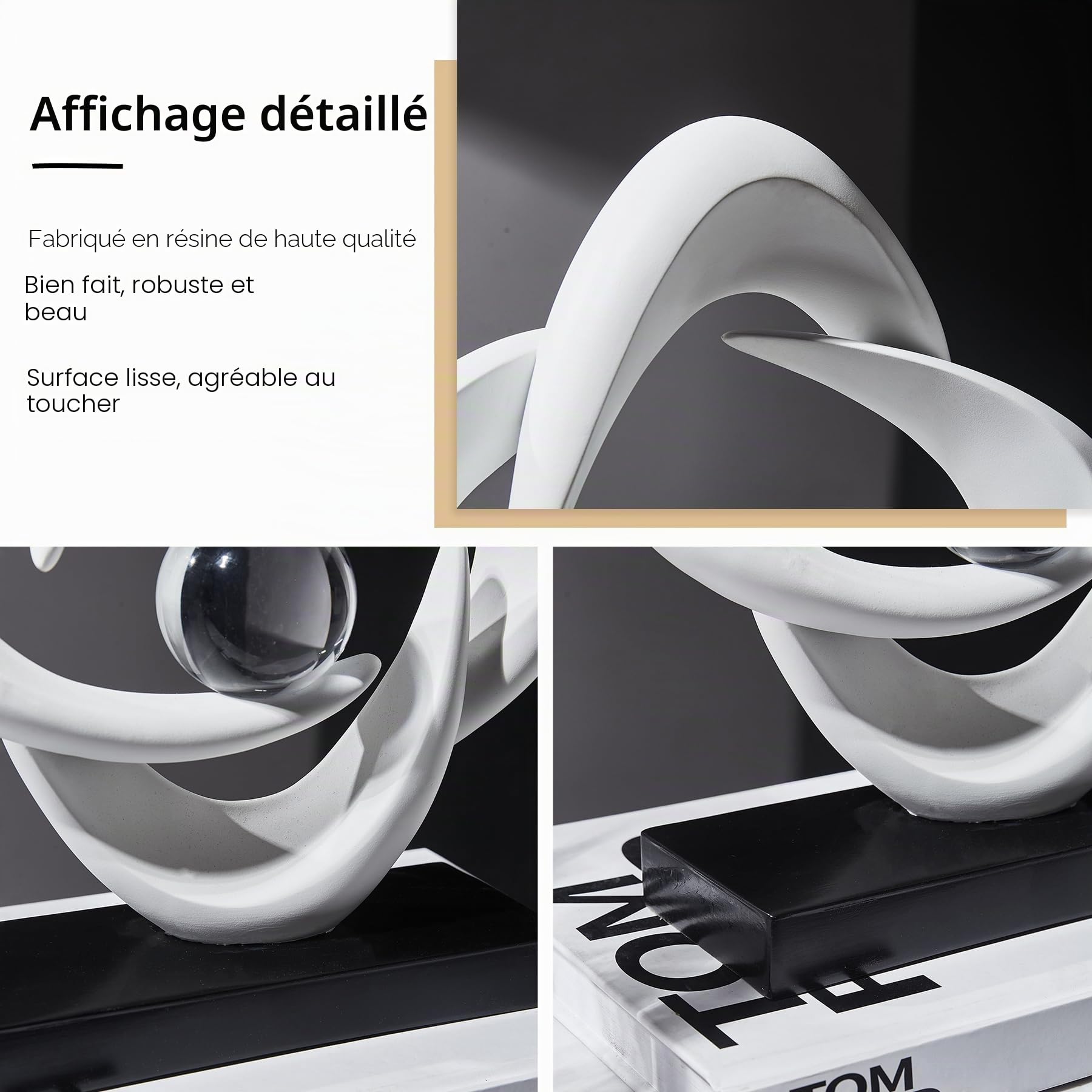 Sculpture d'art abstraite en résine dorée statue décorative moderne ornements blancs pour salon, décoration moderne pour table basse, entrée, bureau, objets de collection (blanc)
