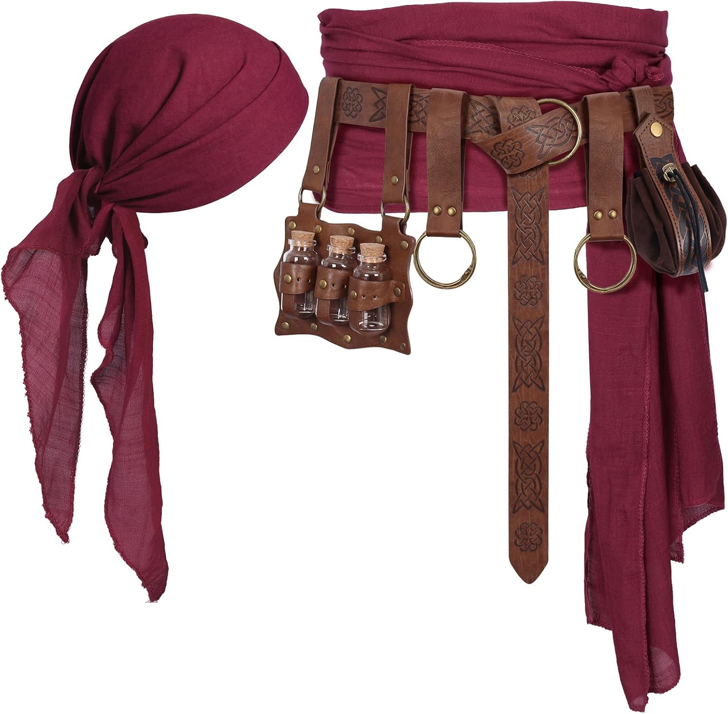 Pirate Costume Accessories Bandana Head Scarf Belt Set with Waist Sash, Skirt Hike & Coin Pouch for Women Men Cosplay